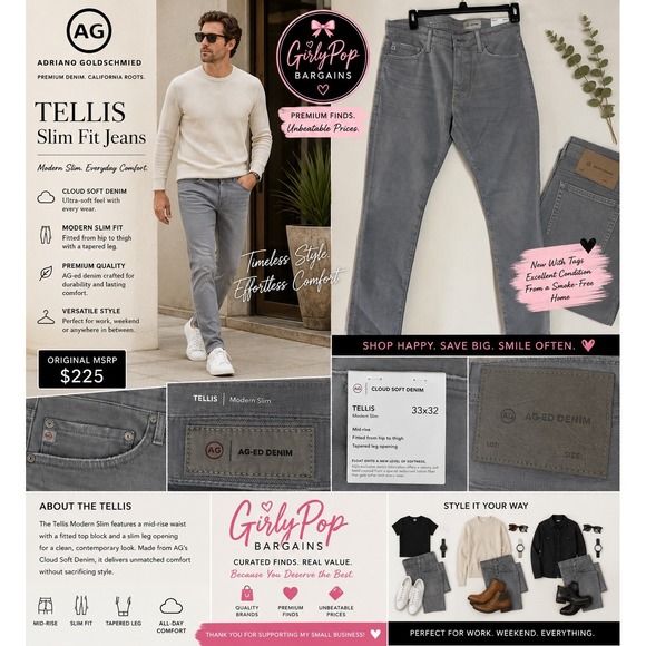 Ag Adriano Goldschmied Other - AG Adriano Goldschmied Tellis Modern Slim Fit Jeans Grey 33x32 Cloud Soft Denim